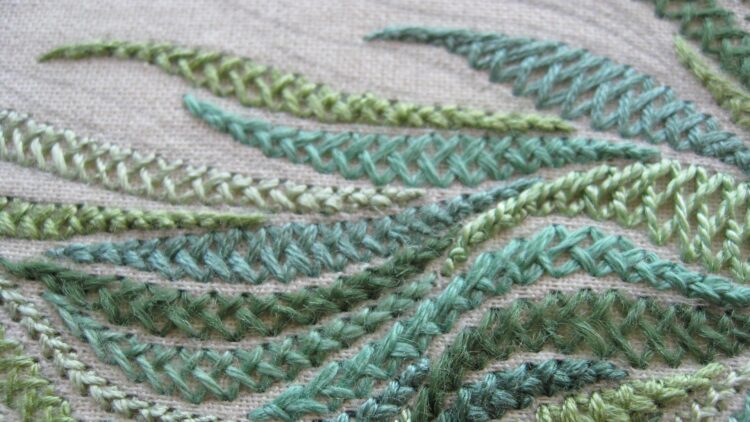 Tracy A Franklin, Green Herringbone Stitch Sampler (detail), 2012. Approximately 20cm x 20cm (8” x 8”). Herringbone stitch. A variety of threads and fibres worked on double calico.