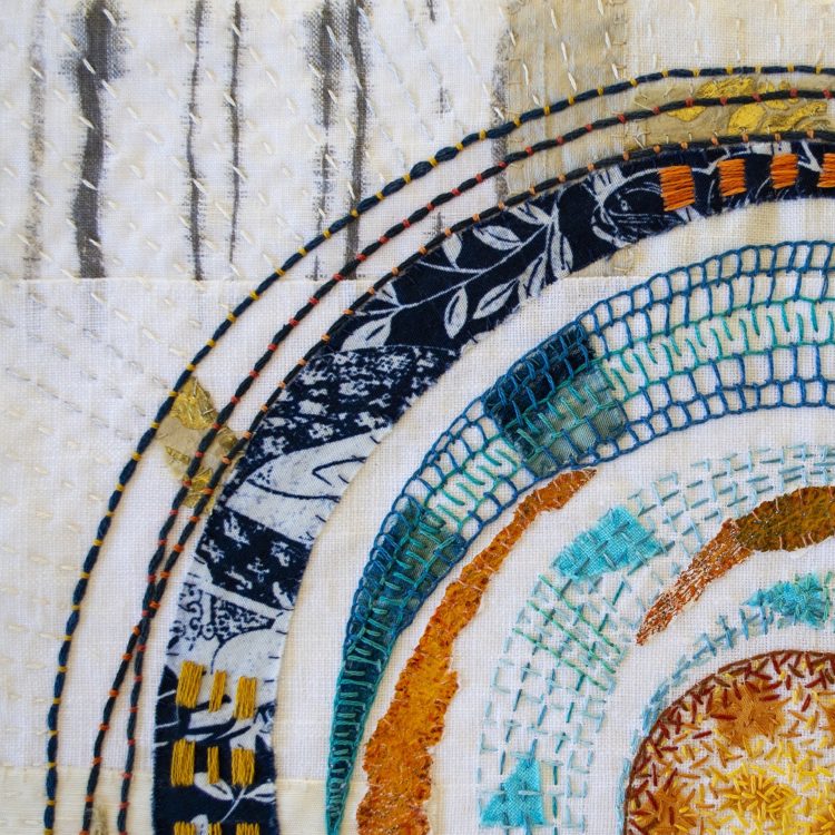 April Sproule, Stitching in the Round (detail), 2022. 30cm x 30cm (12” x 12”). Hand appliqué and embroidery. Linen, silk, sumi ink, painted papers, handmade cording, cotton embroidery floss.