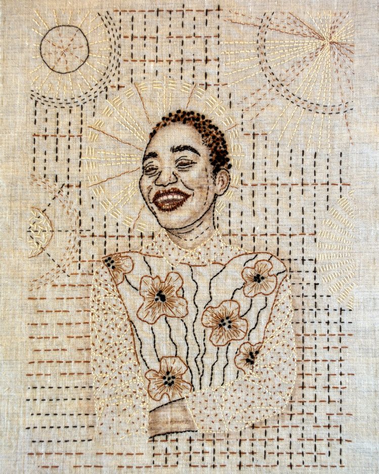 April Sproule, Joy, 2020. 30cm x 41cm (12” x 16”). Hand embroidery, inkwork. Linen, cotton embroidery floss, Tsukineko inks.