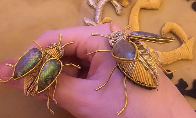 Georgina Bellamy: Beetles, 2018, Goldwork  purls and beading wire 