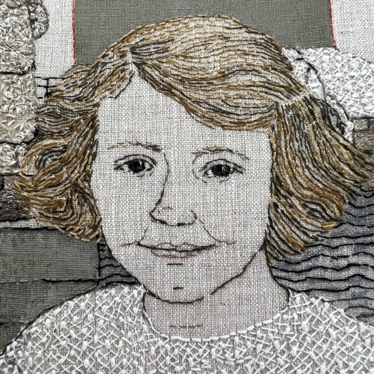 Sue Stone, A Grimsby Girl’s World Tour – Copenhagen (detail 3), 2022. 30cm x 30cm (12" x 12"). Hand stitching: backstitch, open backstitch, seeding, cross stitch, running stitch, free machine stitching, drawing, painting. Natural medium weight linen, washed calico, sari silk strips, DMC stranded cotton, linen thread, thin ’n thin cotton weaving yarn, Superior threads Masterpiece, Winsor & Newton Promarkers, acrylic paint. Photo: Pitcher Design