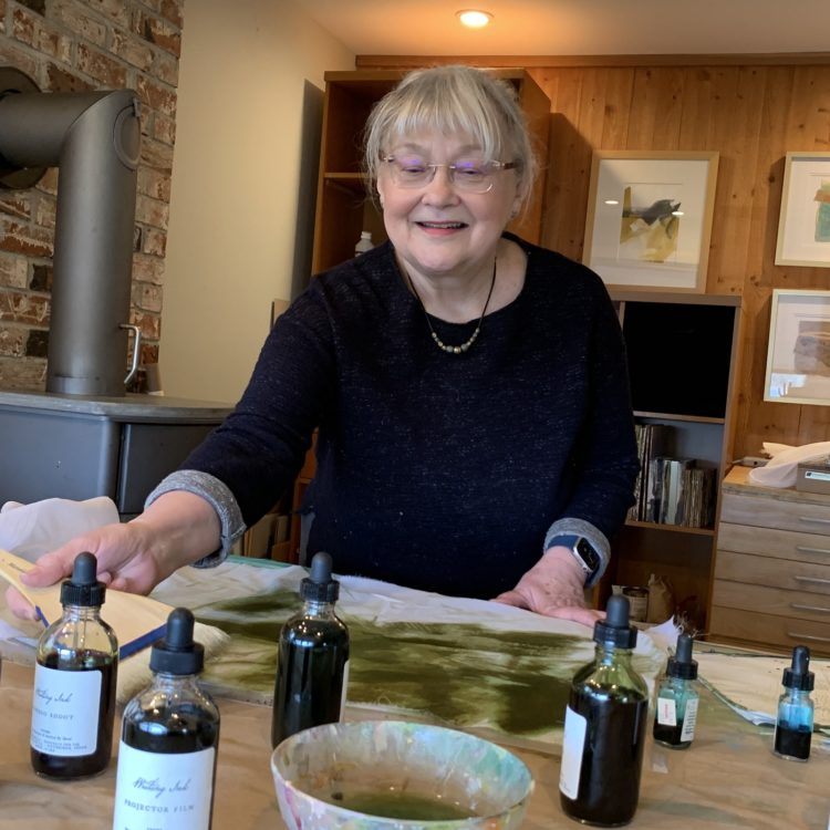 Roberta Wagner in her ‘wet’ studio where she paints, dyes and inks materials.