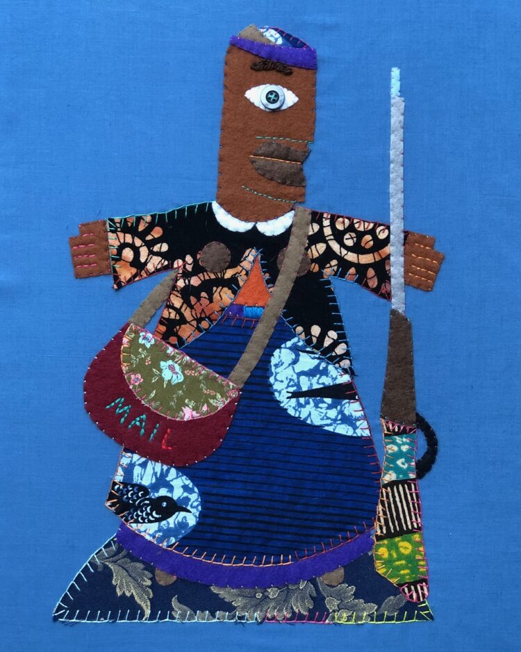 Marcia Bennett-Male, Mary Fields aka Stage Coach Mary (1832-1914), 2020. 38cm x 25cm (15” x 10”). Hand stitch. Felt, African fabric, bed sheeting, chintz, button.