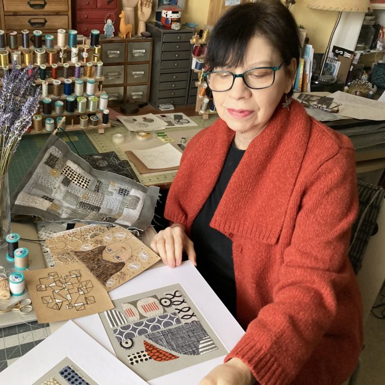 Jean Rill-Alberto matting her finished stitch meditation pieces