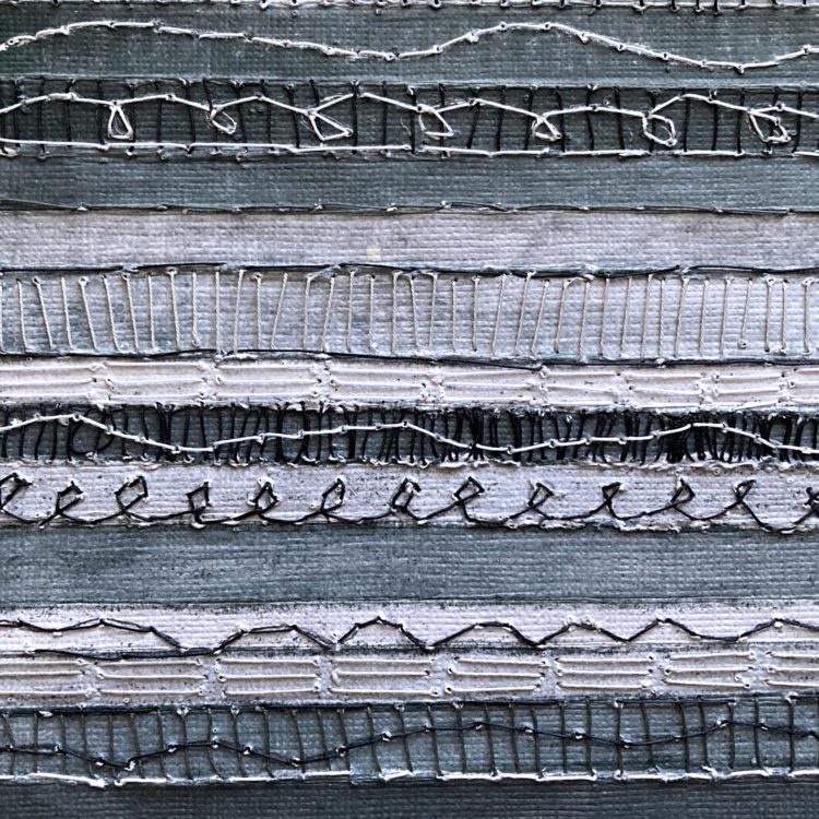 Jean Rill-Alberto, Stitch Meditation 26, 2020. 15cm x 15cm (6” x 6”). Drawing on paper with coloured pencil for gridded lines and hand stitching. Woven paper, white and black threads, coloured pencil. 