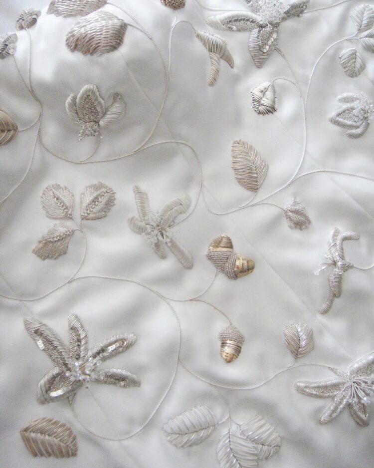 Katherine Diuguid, Consuelo: The Glitter of a Dollar Duchess (detail), 2011. Approximate size women’s US size 4 gown (UK size 8). Silver metal embroidery on handmade gown. Silk, silver-plated and 90 per cent silver embroidery threads and wires on double-faced silk satin.