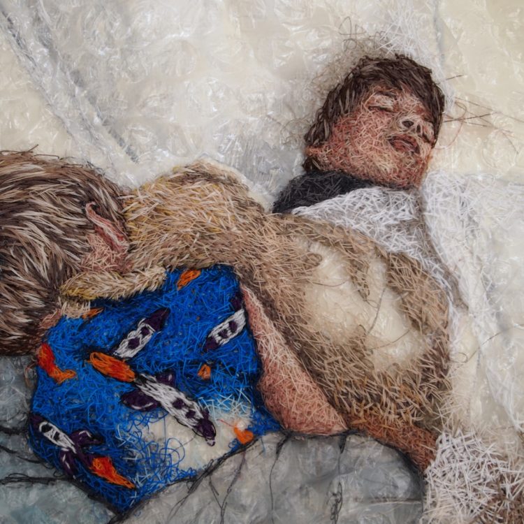 Melissa Emerson, Mother Protector (detail), 2022. 30cm x 30cm (12” x 12”). Hand embroidery. Bubble wrap, machine threads, embroidery threads, canvas, paint.