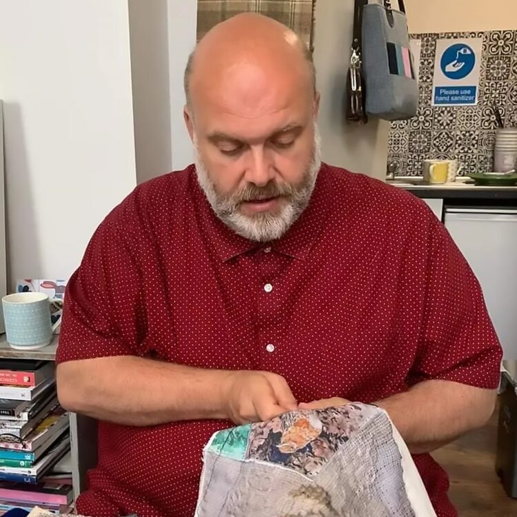 Nigel Cheney, sewing at Alex Waylett’s Elm Farm Studio workshops. Photo: Alex Waylett.