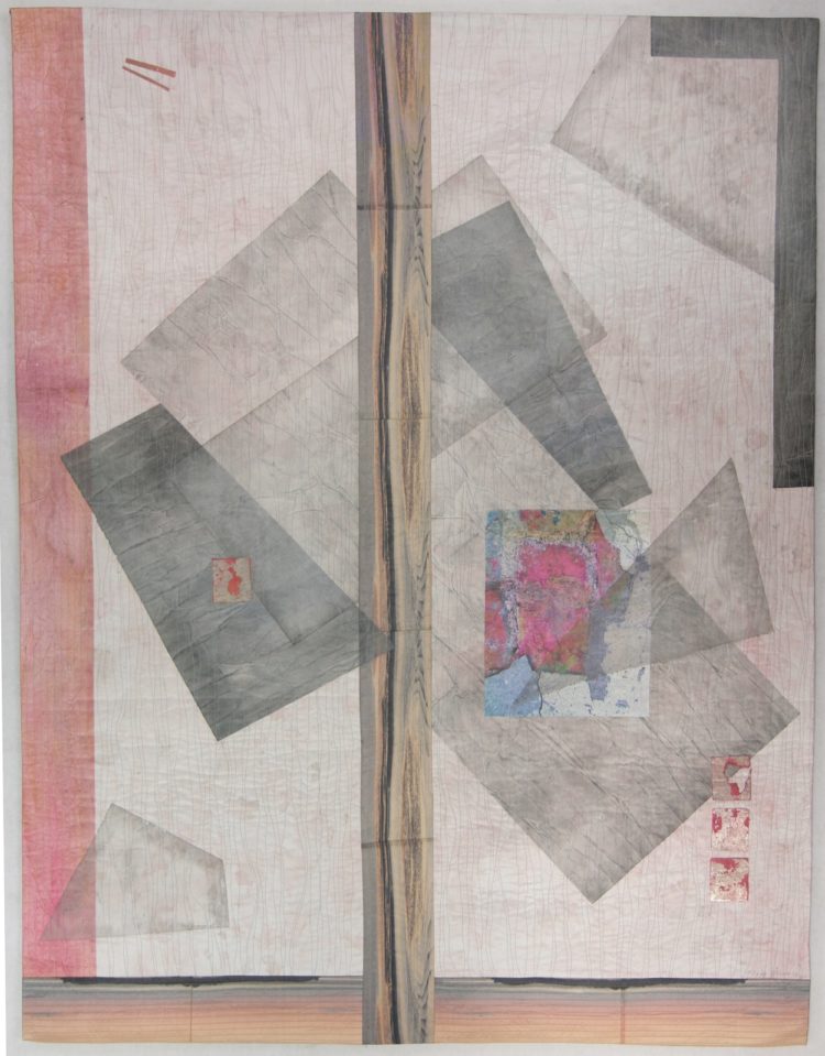 Peggy Brown: Angled, 2018, 50 x 39, Silk, paper, digital transfer, watercolor paint.  Painted, collaged and quilted