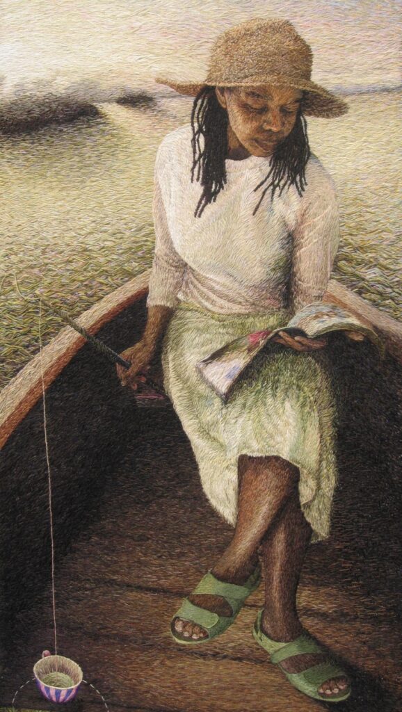 Ruth Miller, Teacup Fishing, 2013. 79cm x 147cm (31" x 58"). Hand-stitched embroidery. Tapestry wool on fabric.