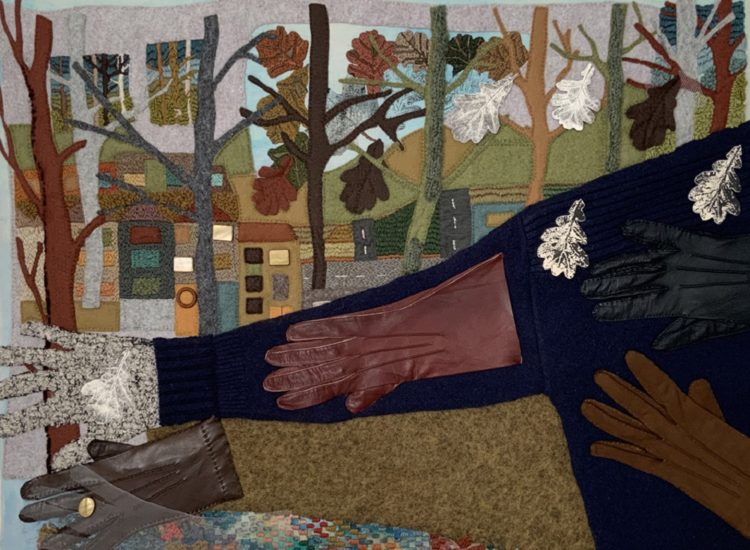 Sabine Kaner, Windrush: The cold British landscape, 2020. 76cm x 58cm (30” x 23”). Hand stitch, paint, print. Threads, felt, repurposed clothing, button, leather, gauze.