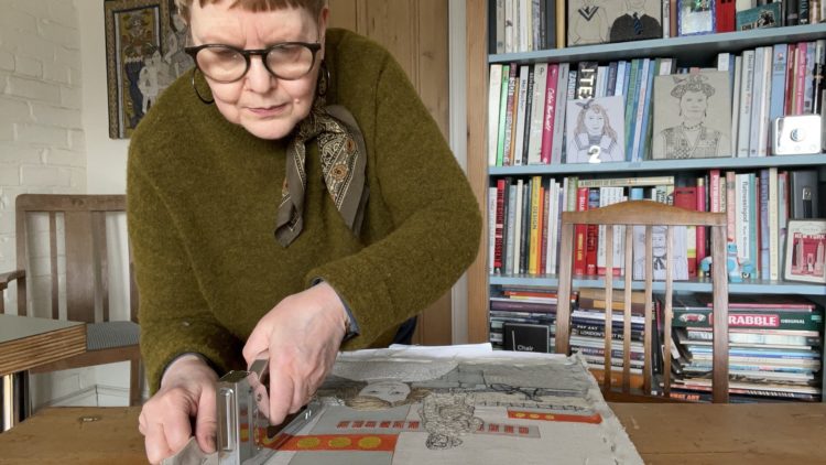 Sue Stone stretching work in her Grimsby studio. Photo: Pitcher Design